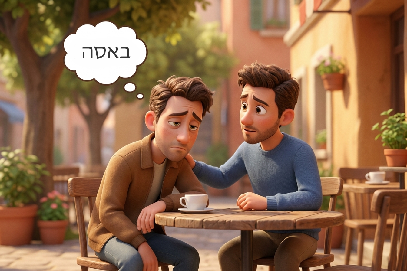 שני בחורים יושבים ואחד מהם אומר באסה