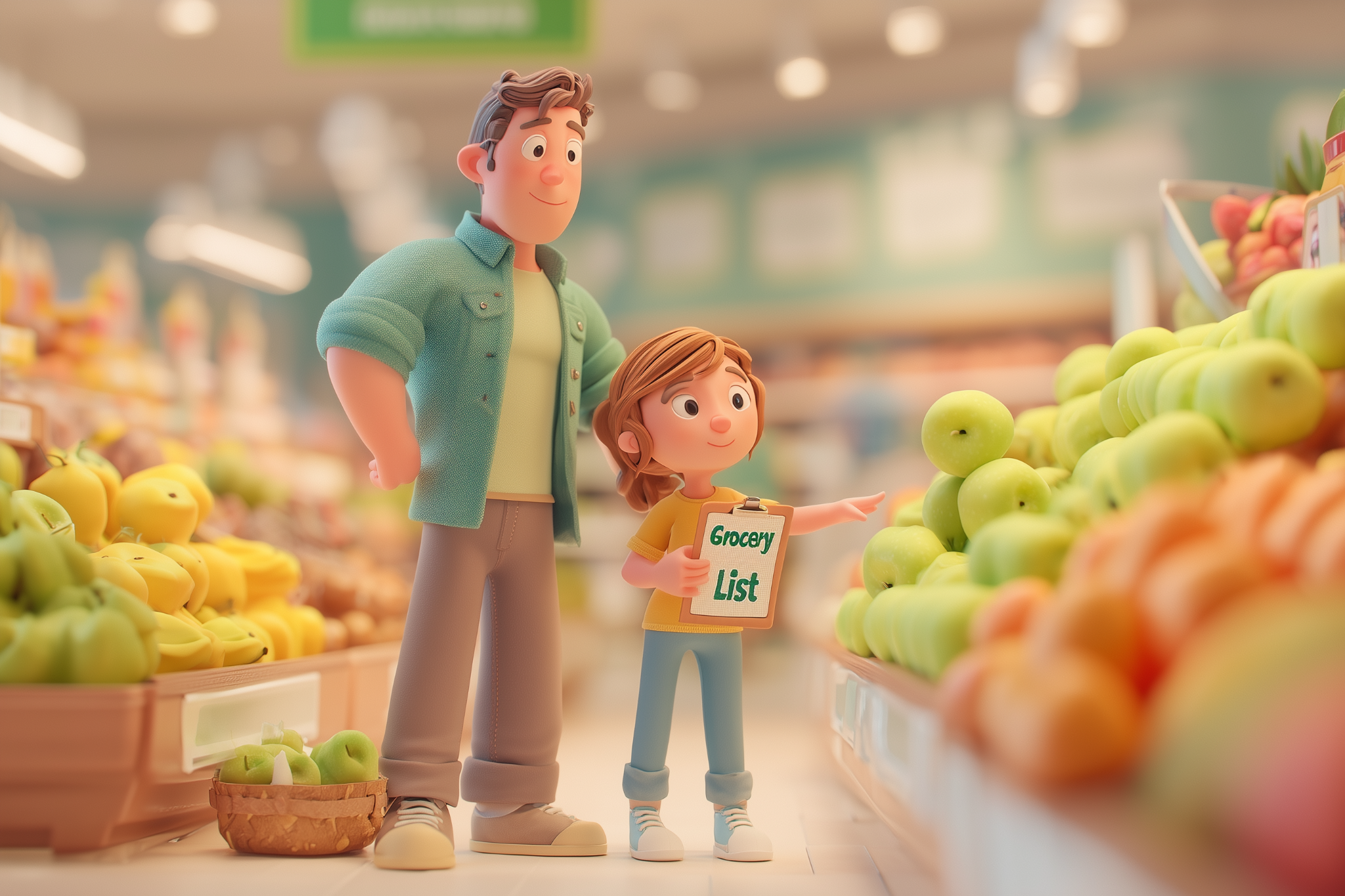 ילדה עושה קניות בסופר עם רשימת מצרכים