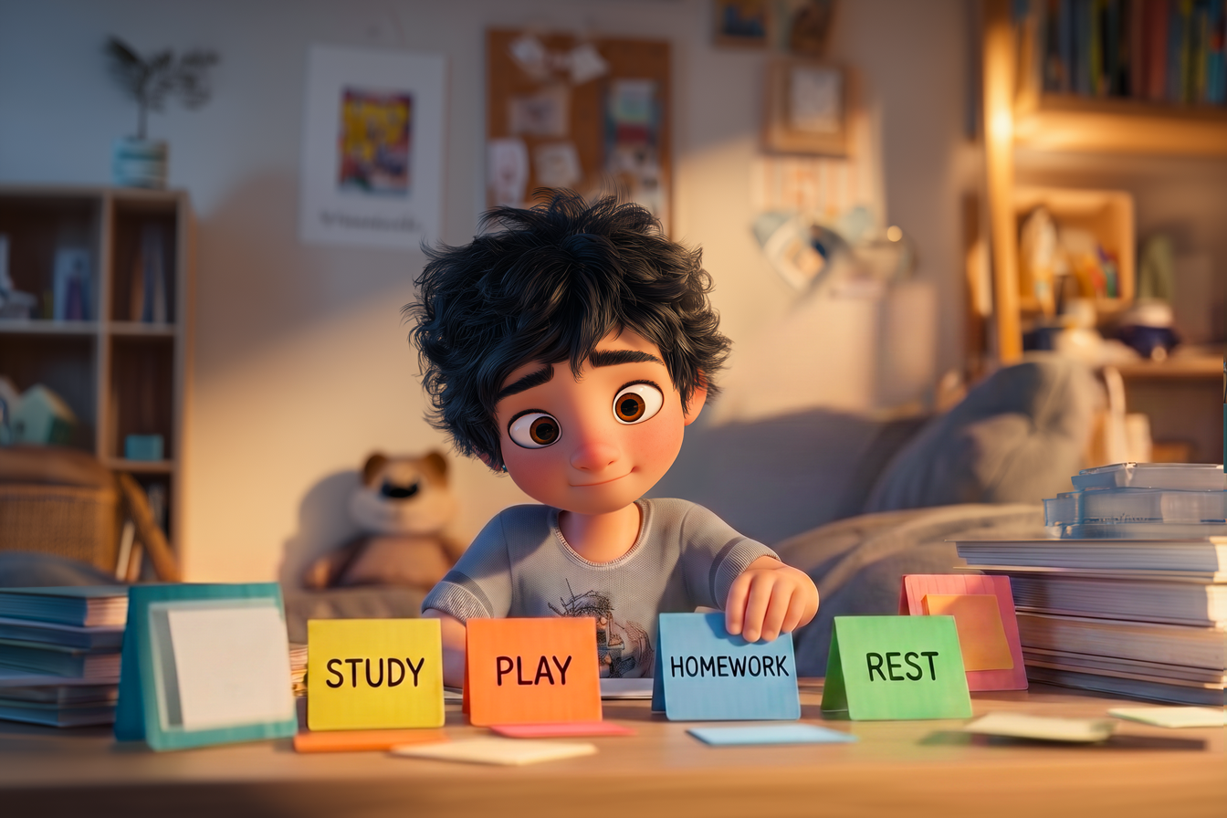 Un bambino di circa 12 anni che impara a gestore il tempo e le sue diverse attività usando dei post-it
