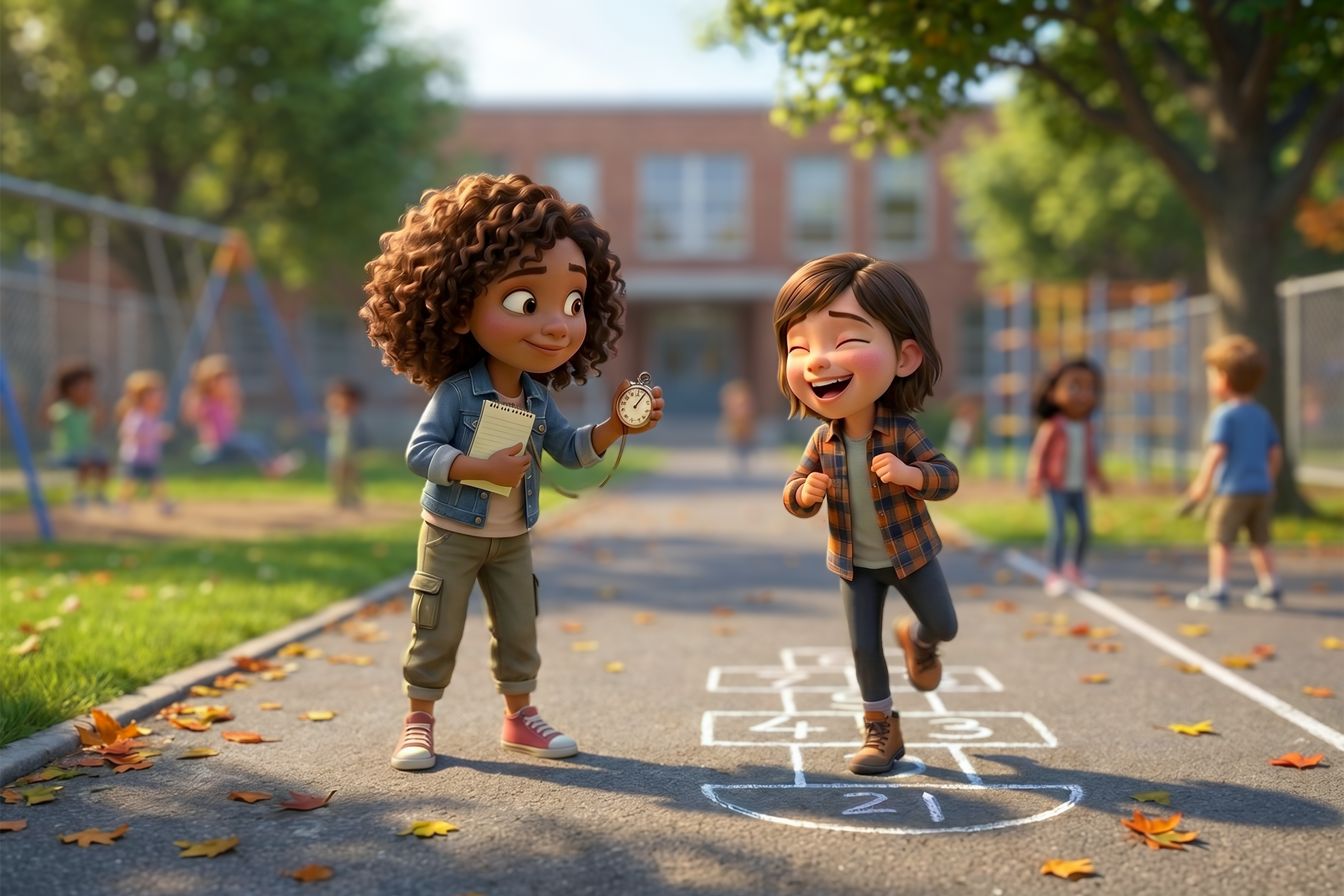 vediamo una bambina di circa 10 anni e una sua amichetta che la cronometra per vedere quanto ci mette (stimare il tempo di un'attività e poi confrontare con il tempo effettivamente impiegato)