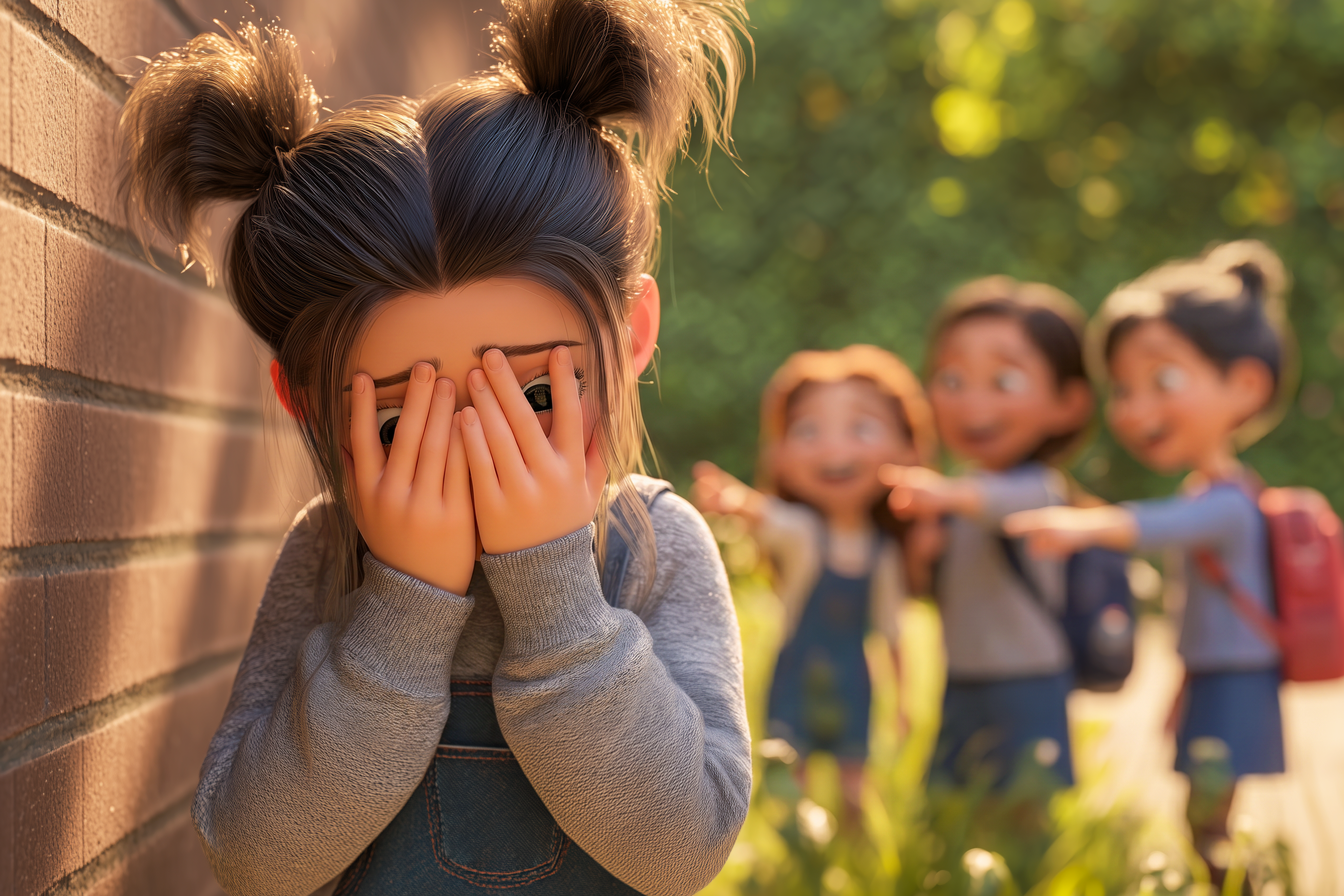 Bambina si copre viso con le mani ragazze dietro ridono