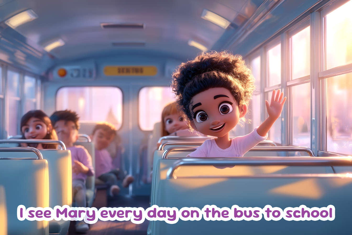 Illustrazione della frase: I see Mary every day on the bus to school