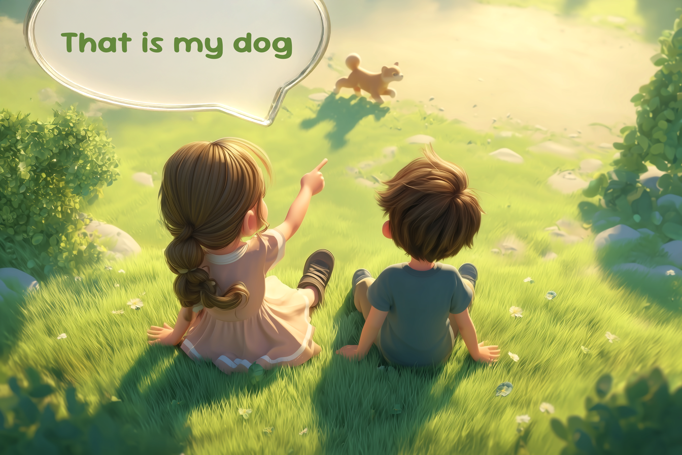 bambina e bambino al parco. La bambina indica il cane e dice “that is my dog”