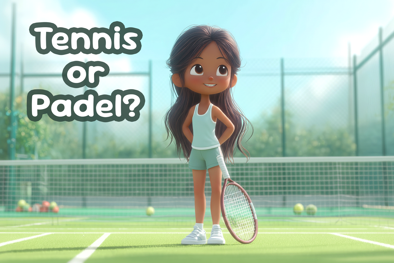 Una ragazza con una racchetta in mano, su un campo da tennis e la domanda: Tennis or Padel?