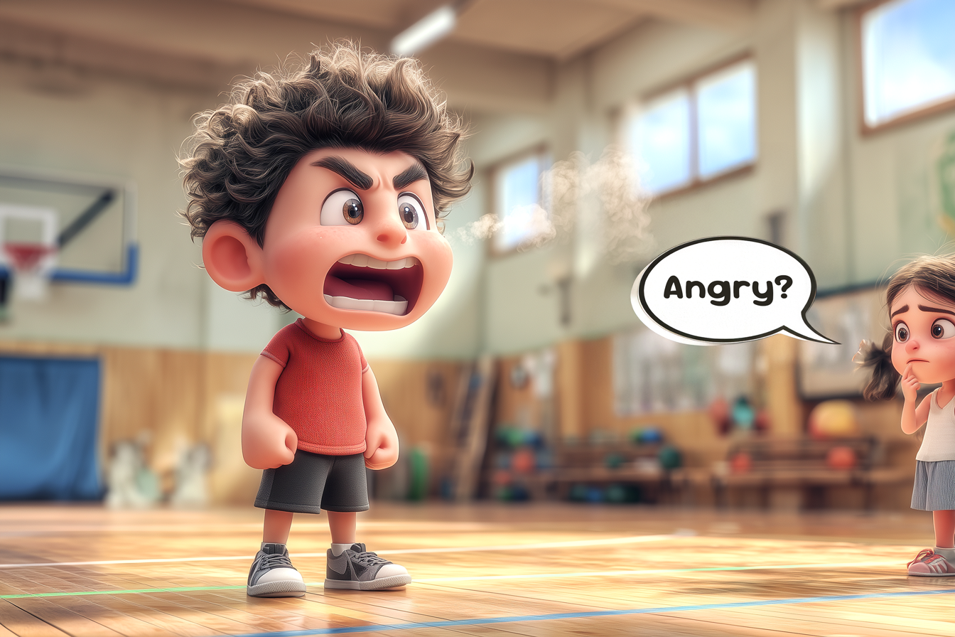 Un ragazzo di circa 14 anni ha l'aria super-arrabbiata, gli esce il fumo dalle orecchie, è tutto rosso e grida. Una ragazzina lo giarda e dice: Angry? Esempio di Short question