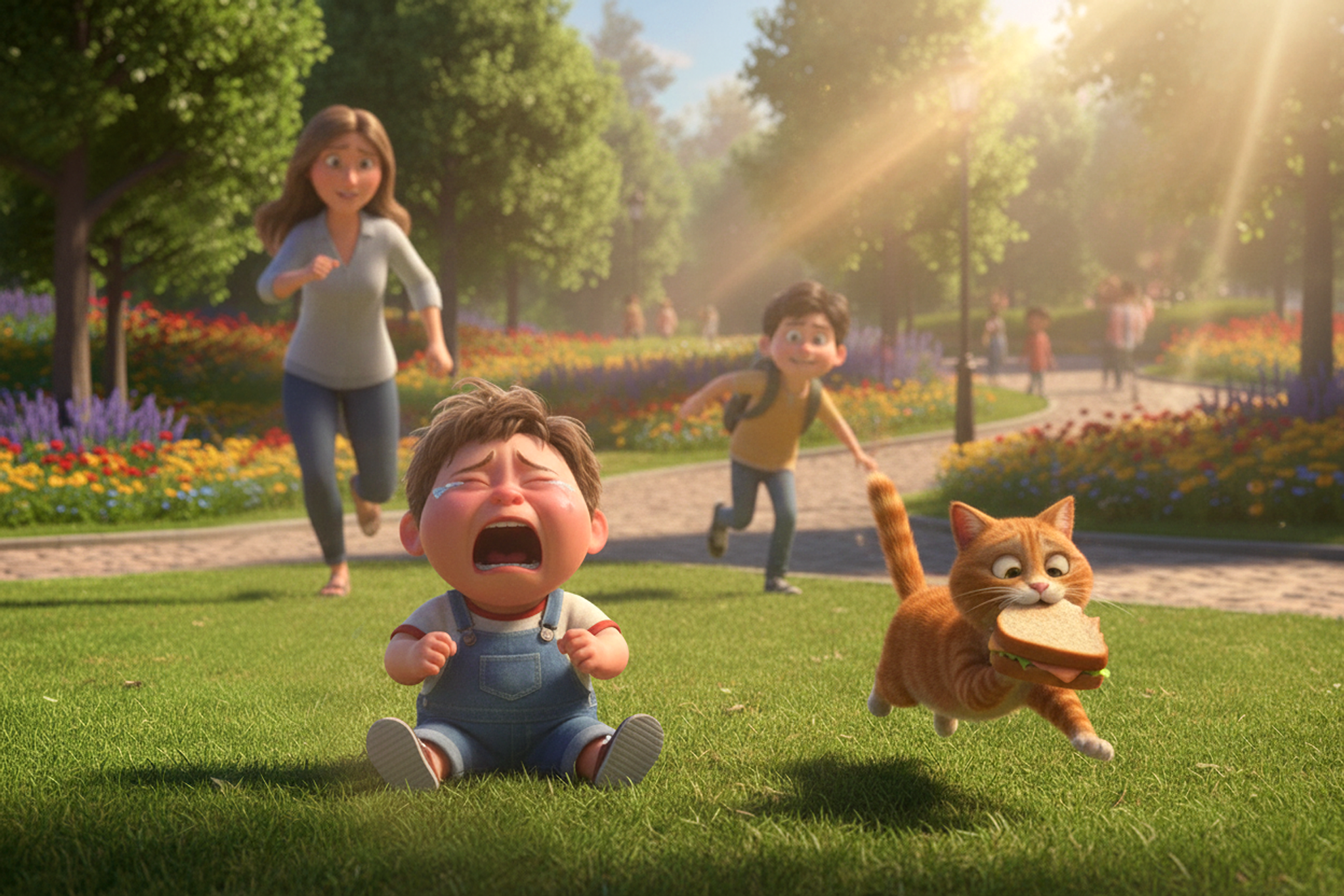 In un giardino pubblico un bambino di circa 3 anni è seduto a terra e piange disperato mentre un gatto si allontana con un panino in bocca La mamma corre verso di lui mentre un altro bambino corre dietro al gatto cercando di prenderlo. Immagine per stimolare i bambini a creare delle domande in inglese