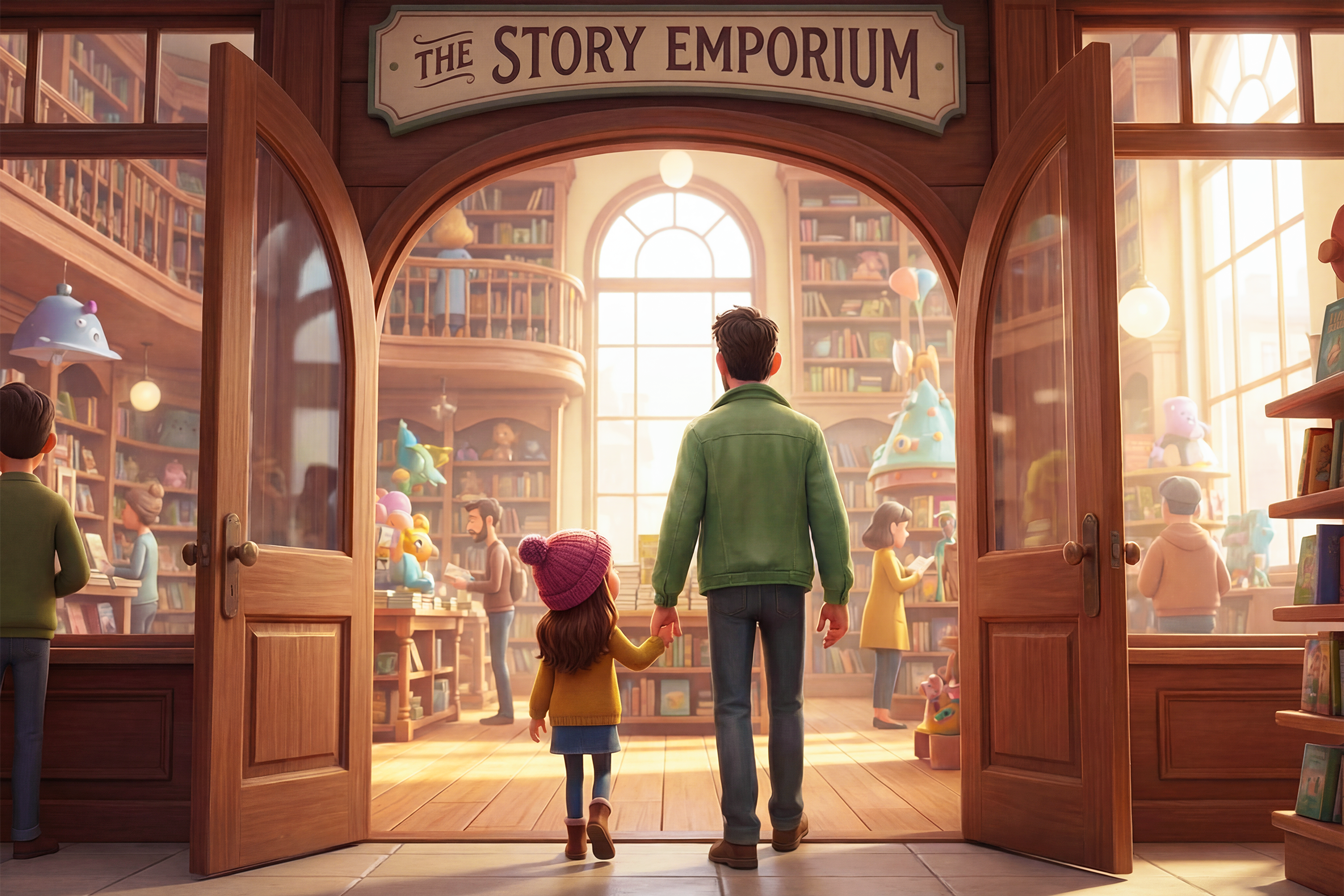 Un papà tiene per mano la sua bambina. Li vediamo mentre entrano in una grande libreria per scegliere dei libri insieme.