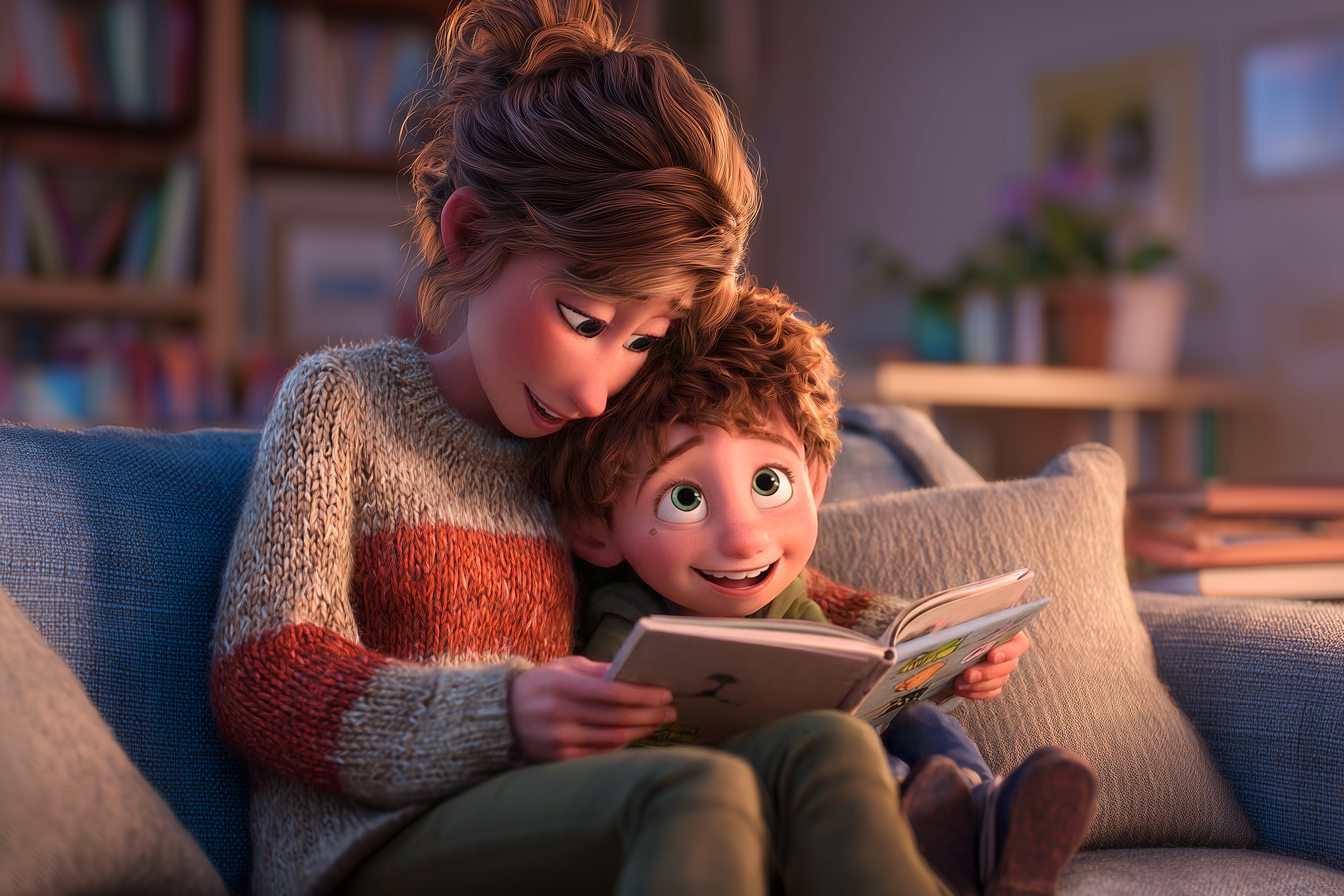 Sul divano, una mamma tiene il suo bambino di circa 3 o 4 anni sulle ginocchia mentre gli legge un libro. L'immagine raffigura l'importanza della lettura per bambini fin dalla primissima infanzia