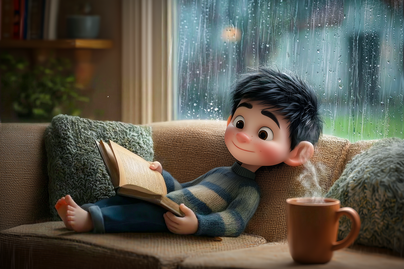 Un bambino di circa 10 anni è steso comodamente sul divano, con vicino una tazza di cioccolata e un libro in mano, mentre fuori piove forte.