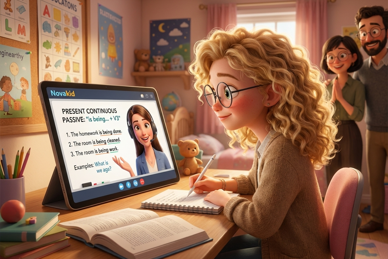 una bambina sta facendo lezione con una insegnante Novakid sulla passive voice del present continuous inglese