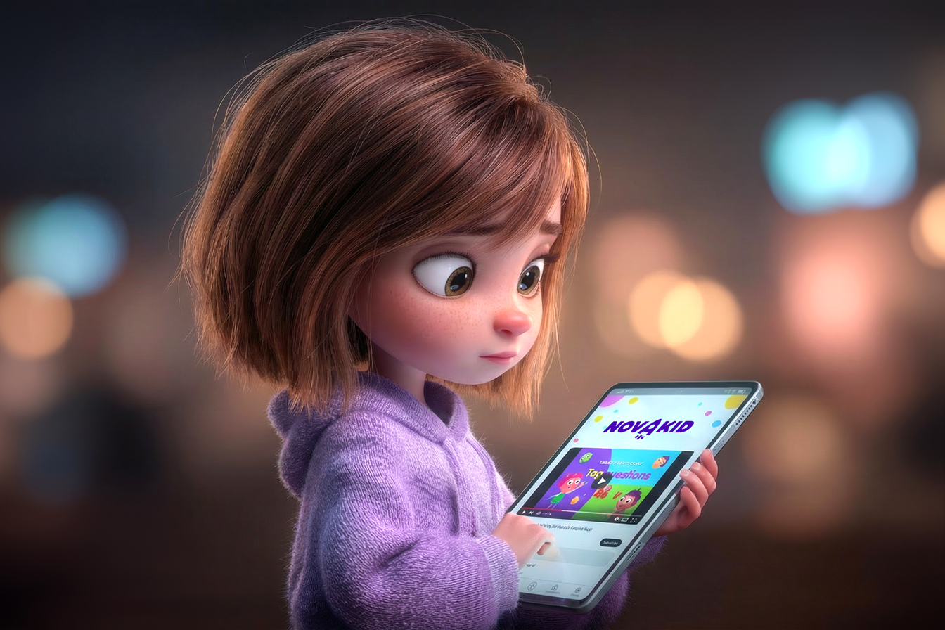 Una bambina sta facendo lezione con Novakid: sullo schermo leggiamo