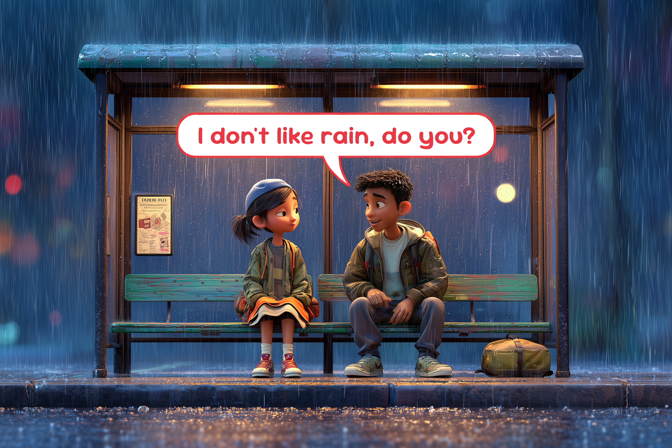 Un ragazzo e una ragazza si riparano sotto la pensilina di un bus. Si sono appena conosciuti, si piacciono e per tenere viva la conversazione usano una tag question: I don't like rain, do you?