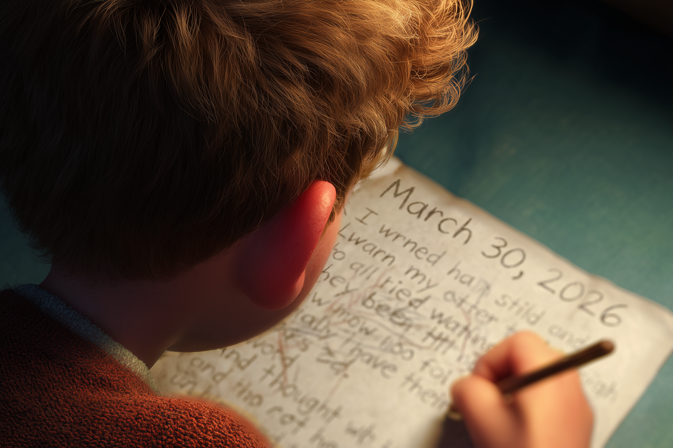 Un bambino sta scrivendo una lettera. Vediamo con chiarezza la data: March 30, 2026