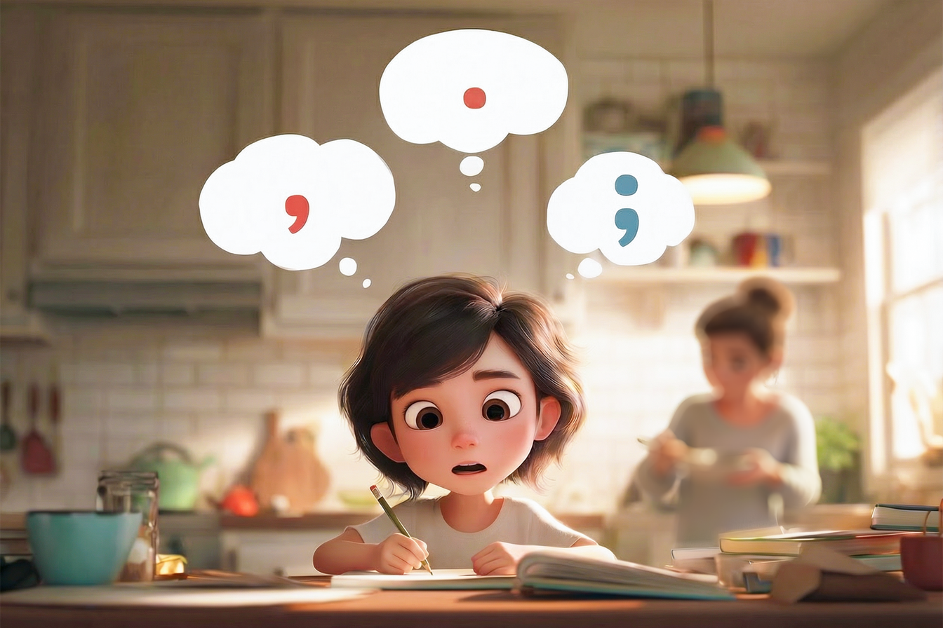 Una bambina sta facendo i compiti e sulla sua testa, in tre fumetti, vediamo tre segni di punteggiatura: virgola, punto, punto e virgola.