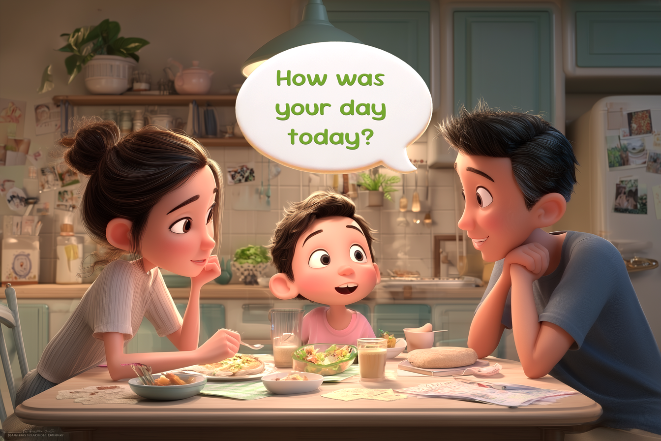 Mamma, papà e un bambino sono seduti al tavolo di cucina, stanno cenando. Il papà chiede alla mamma : How was your day today?
