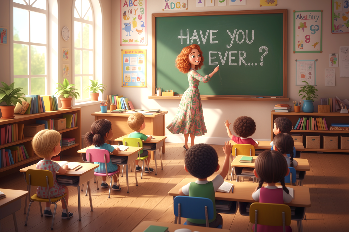 Classe delle elementari. La maestra sta scrivendo sulla lavagna: Have you ever....?