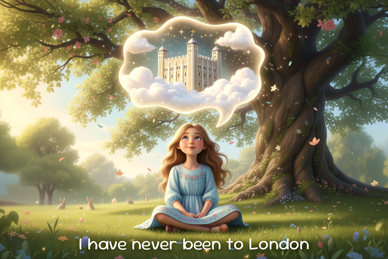 Una ragazza sogna a occhi aperti. Sopra di lei in un fumetto vediamo la torre di Londra. Una scritta dice: I have never been to London. Spiegazione delle differenza tra ever e never