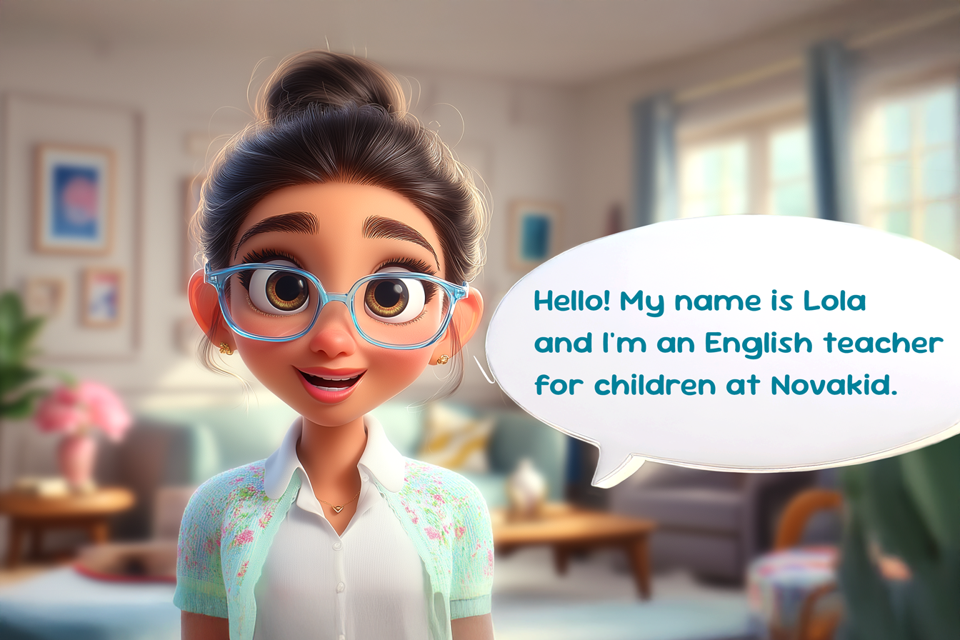 Illustrazione cartoon di un insegnante Novakid, dall'espressione allegra che dice: Hello! My name is Lola and I'm an English teacher for children at Novakid.