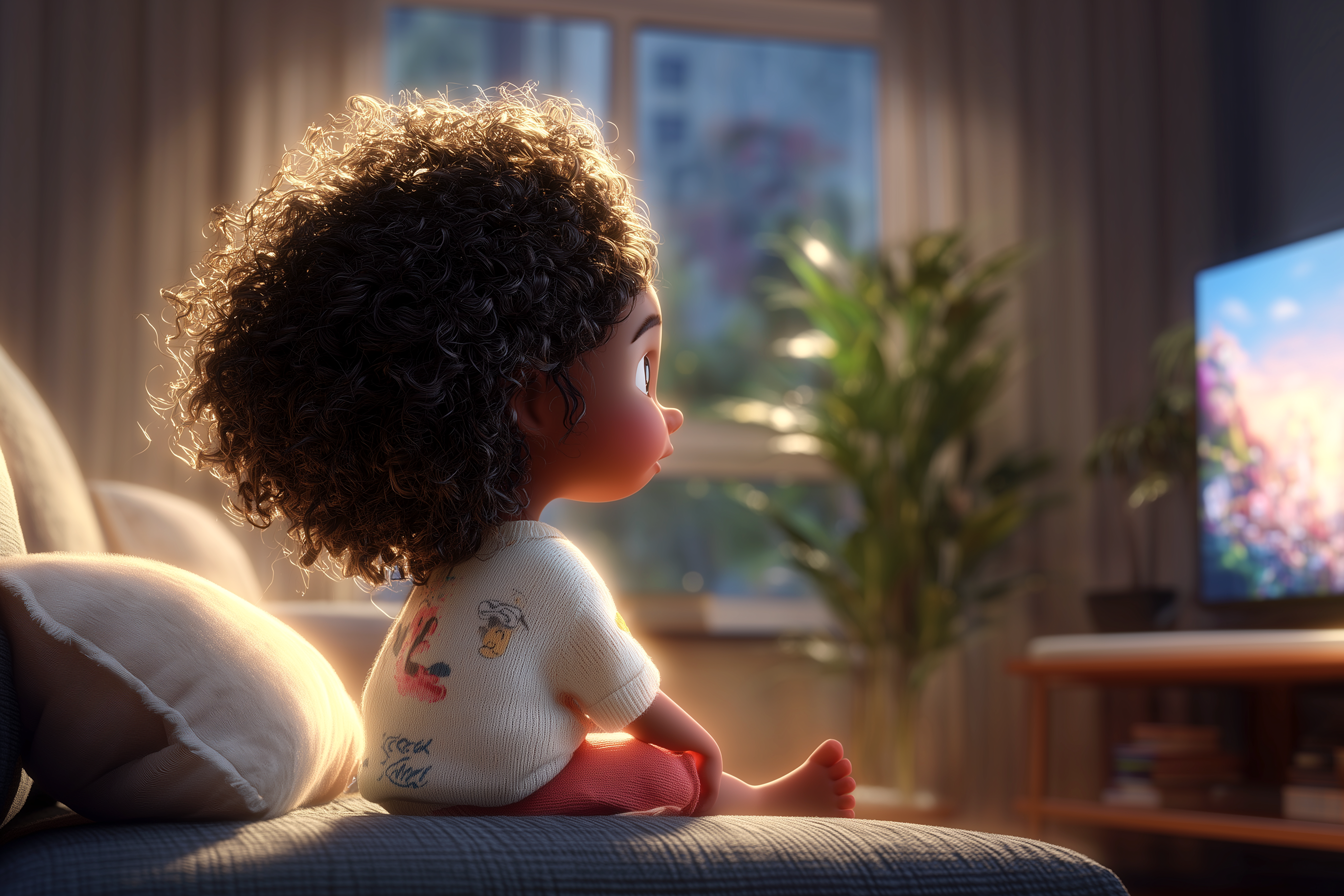 Una bambina è seduta comodamente sul divano di casa sua a guardare un cartone animato in inglese