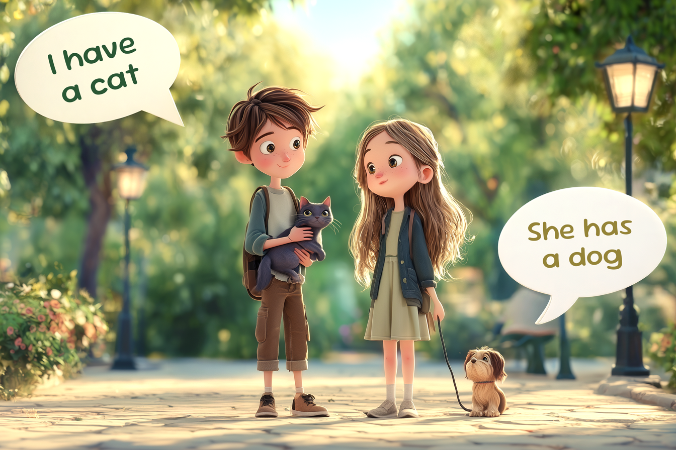 Bambini-al-parco-con-animali-fumetto-frasi-con-to-have