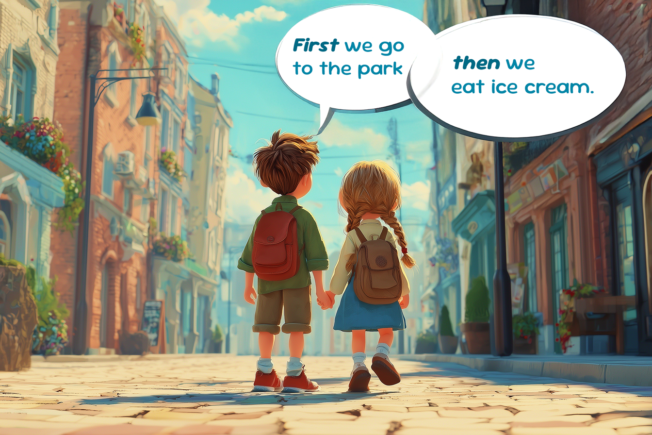 due bambini camminano uno dice “First we go to the park, then we eat ice cream.”
