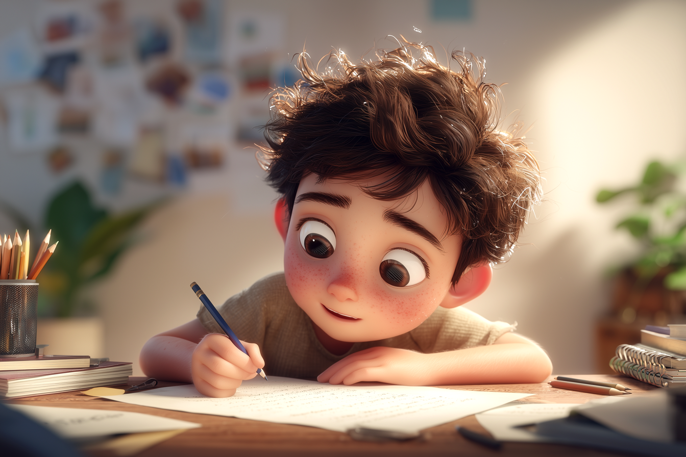 Immagine di un bambino di circa 10 anni che sta scrivendo una lettera in inglese a un amico