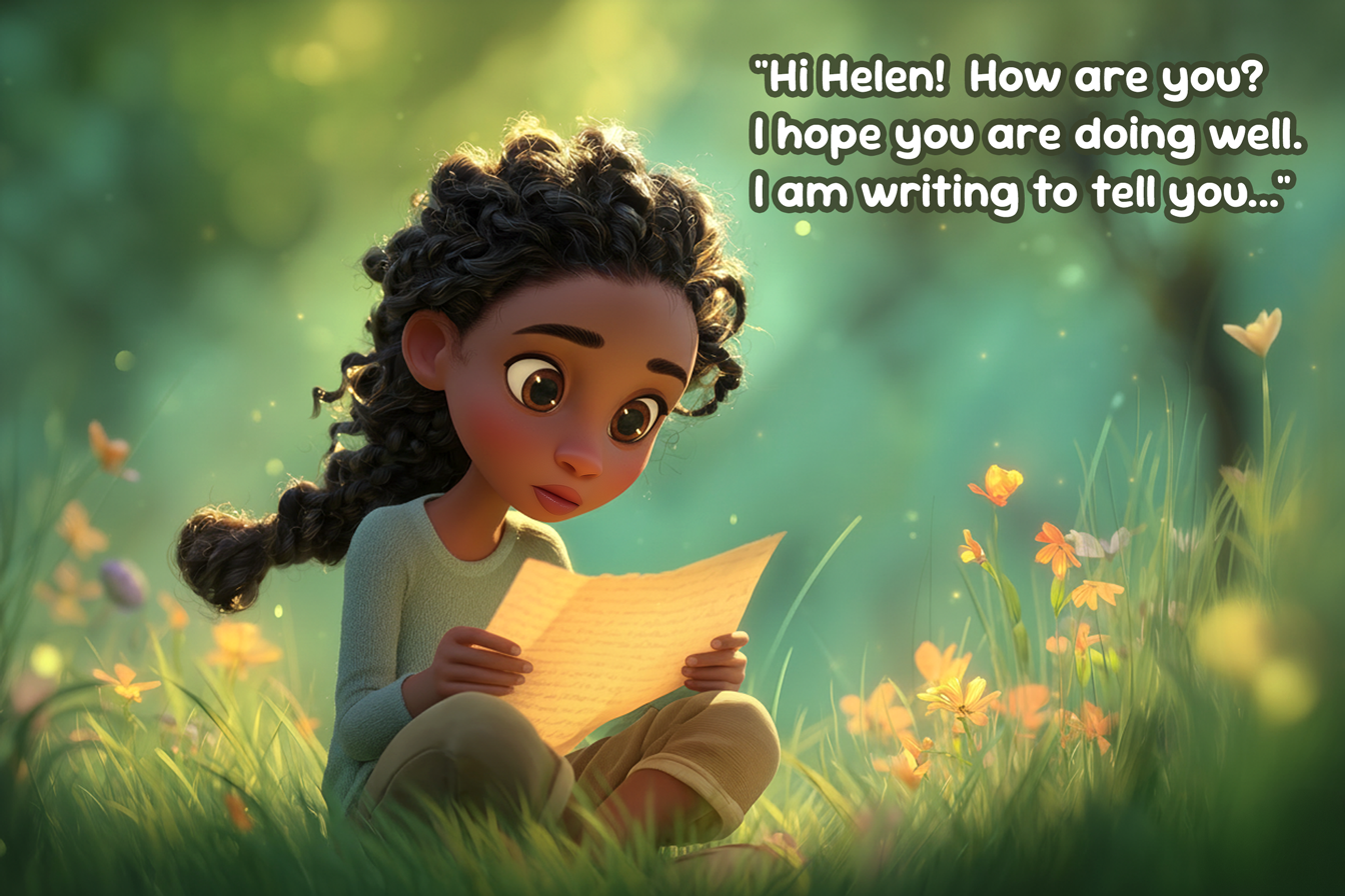 Una bambina seduta in un parco sta leggendo una lettera: