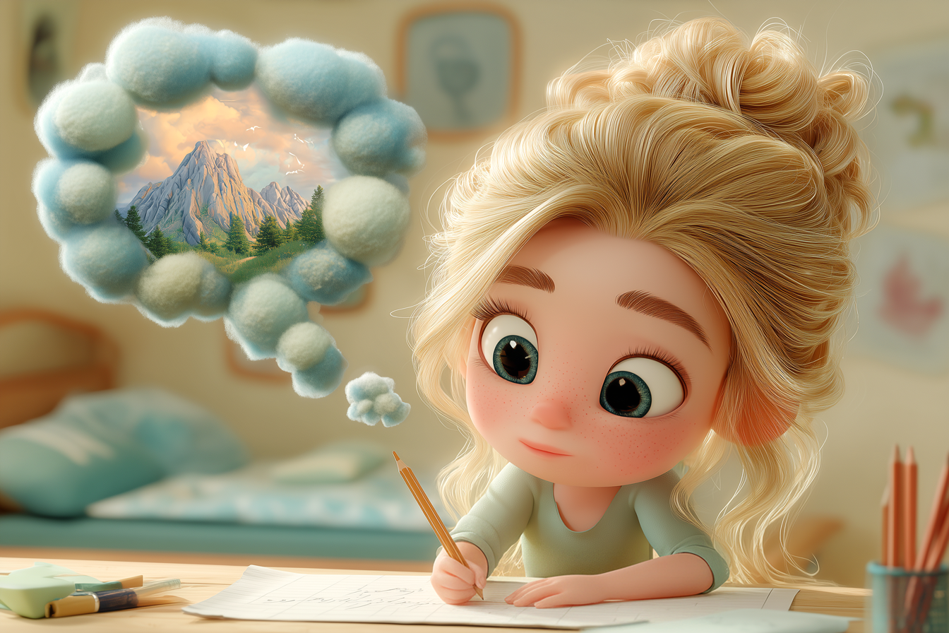 Vediamo una bambina che scrive una lettera con la penna, mentre in un fumetto sopra la sua testa la vediamo ricordare una passeggiata in montagna