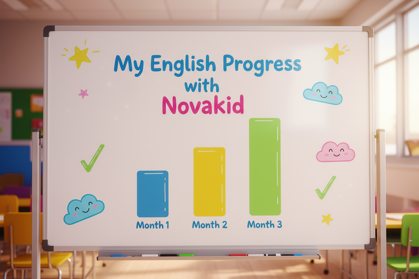 Immagine di un grafico su una lavagna, che mostra i progressi del Mese 1, Mese 2, Mese 3 nell'apprendomento della lingua inglese con Novakid