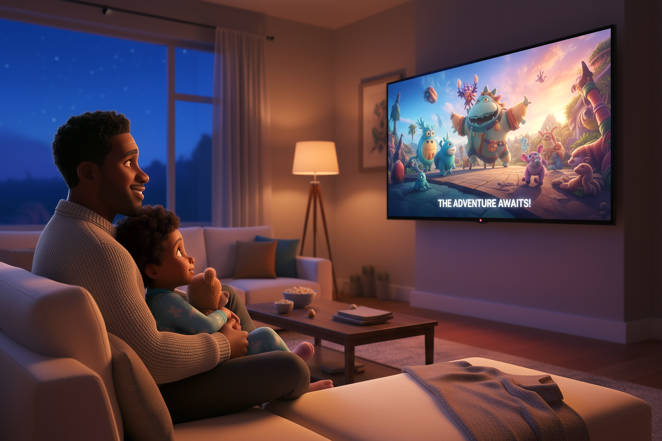 Un papà e una bambina di circa 5 anni guardano insieme alla TV un film in inglese seduti sul divano di casa