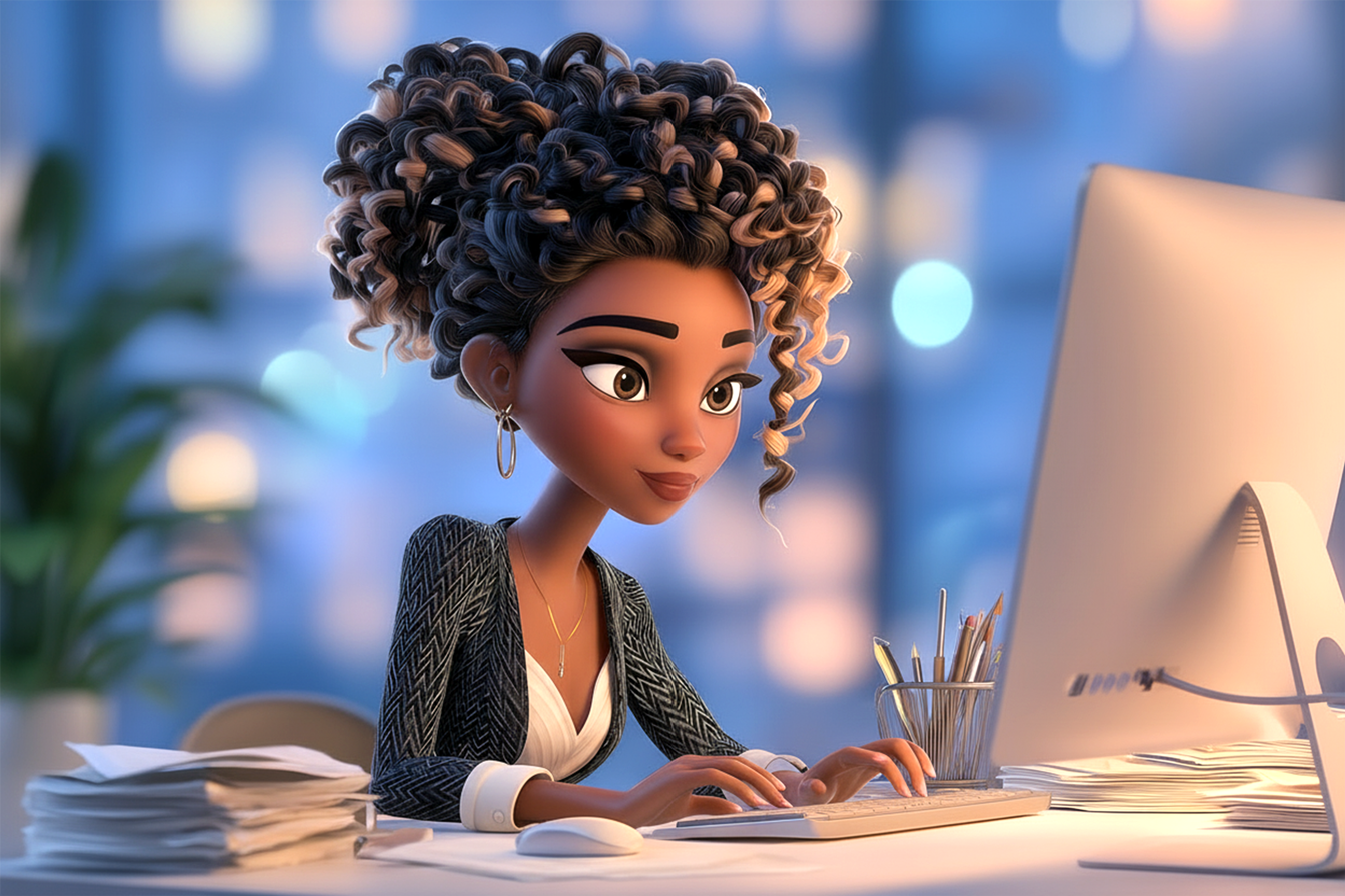 na ragazza di circa 25 anni vestita in modo formale (da ufficio) sta scrivendo una mail formale in inglese seduta alla sua scrivania