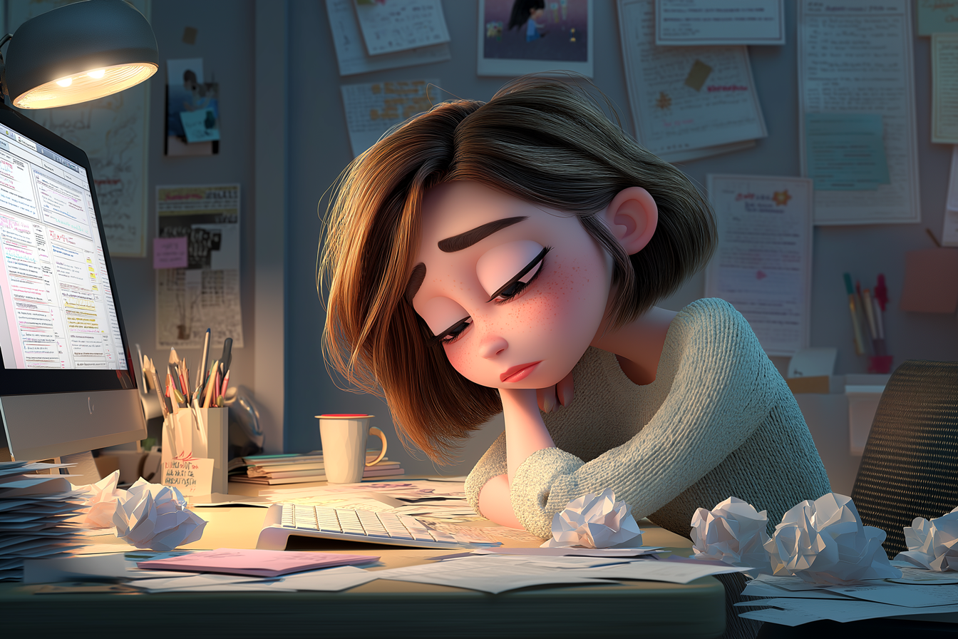 L'impiegata di un ufficio ha l'aria molto stanca: evidentemente ha dovuto scrivere e mail tutto il giorno