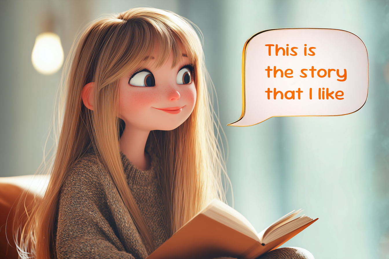 rgazza con un libro dice “ this is the story that I like”