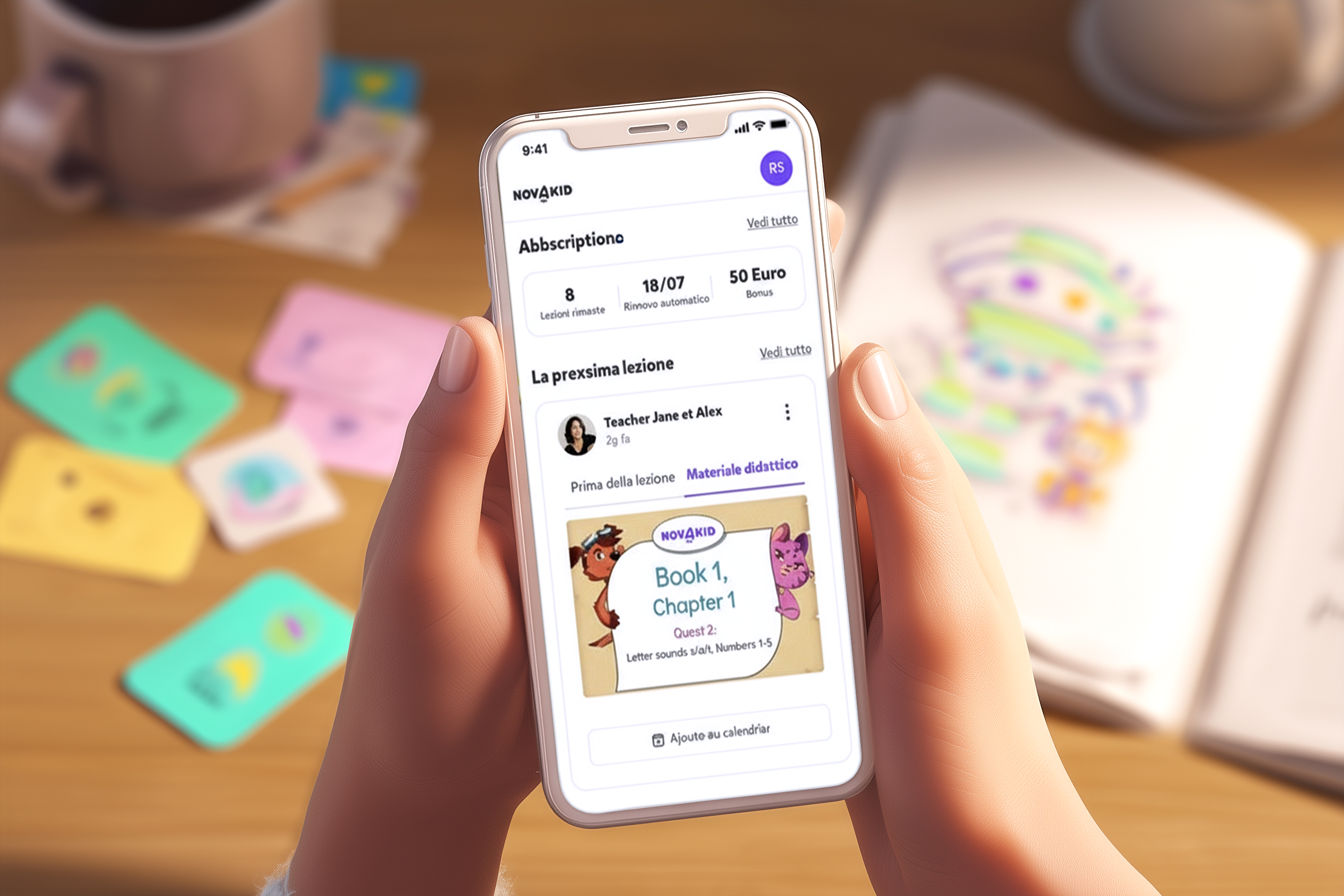 immagine che illustra in maniera suggestiva il funzionamento del' app novakid, la presenza di materiali didattici extra, e tutto il valore del prezzo pagato dalle famiglie degli studenti