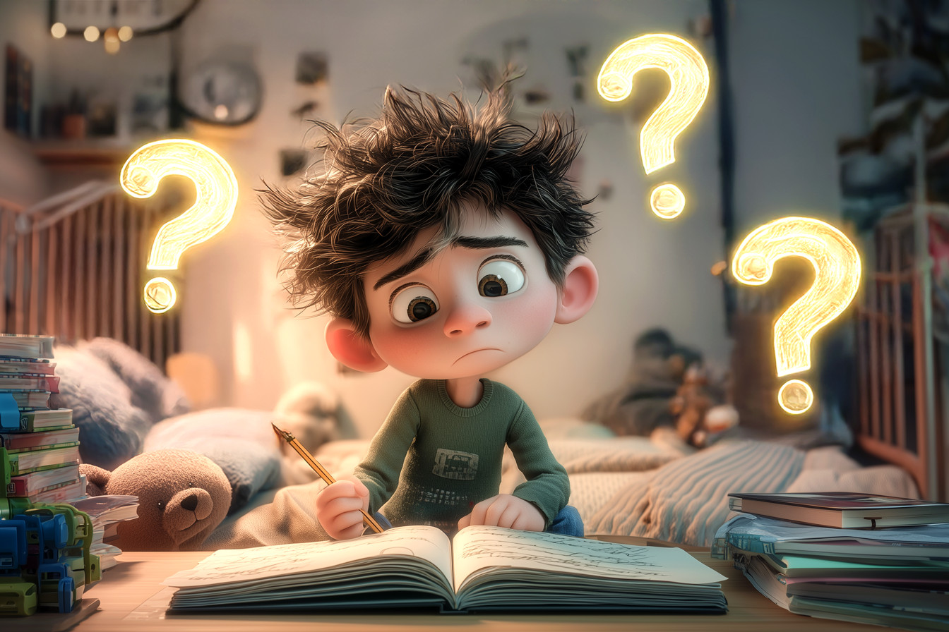 Un bambino è seduto da solo in camera davanti a un libro, da solo, ma si vede dalla sua espressione che fa fatica, che si sente perso e frustrato perché avrebbe bisogno di un insegnante d'inglese