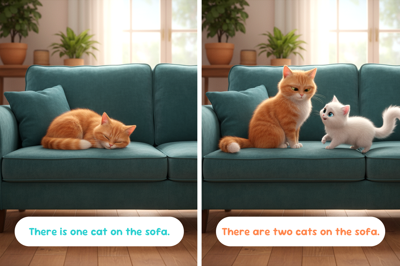 Immagine divisa in due. A sinistra: un gatto sul divano e sotto la scritta: There is one cat on the sofa. A destra: due gatti sul divano e la scritta: There are two cats on the sofa. Spiegazione dell'uso di there is there are nella grammatica inglese