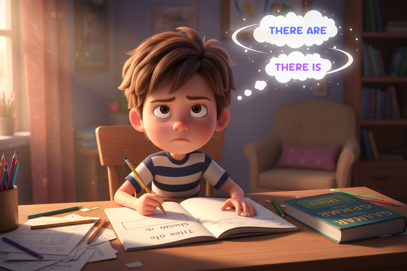 Un ragazzino sta facendo i compiti ed è indeciso se usare there is o there are.