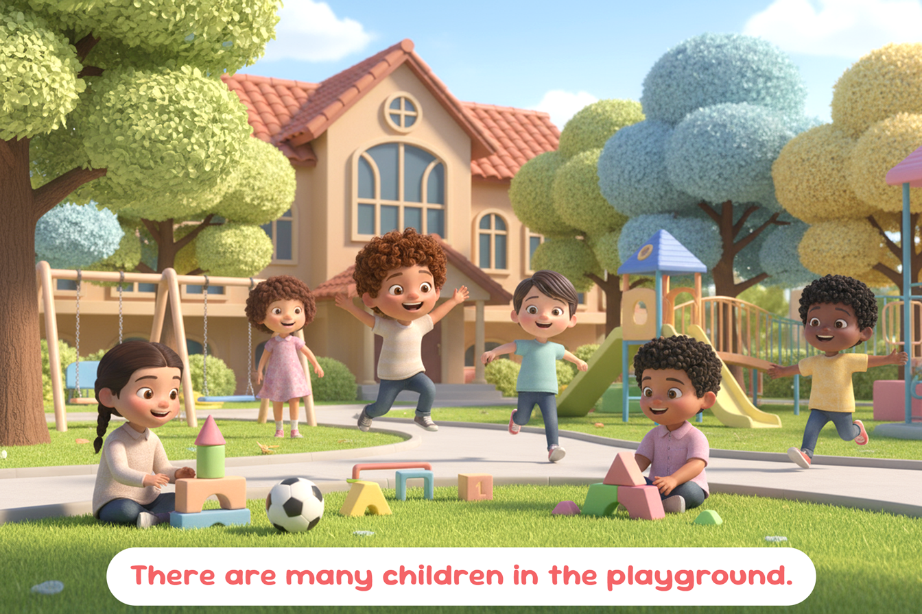 Bambini e bambine giocano nel cortile di una scuola. Riferimento alla frase di esempio: There are many children in the playground