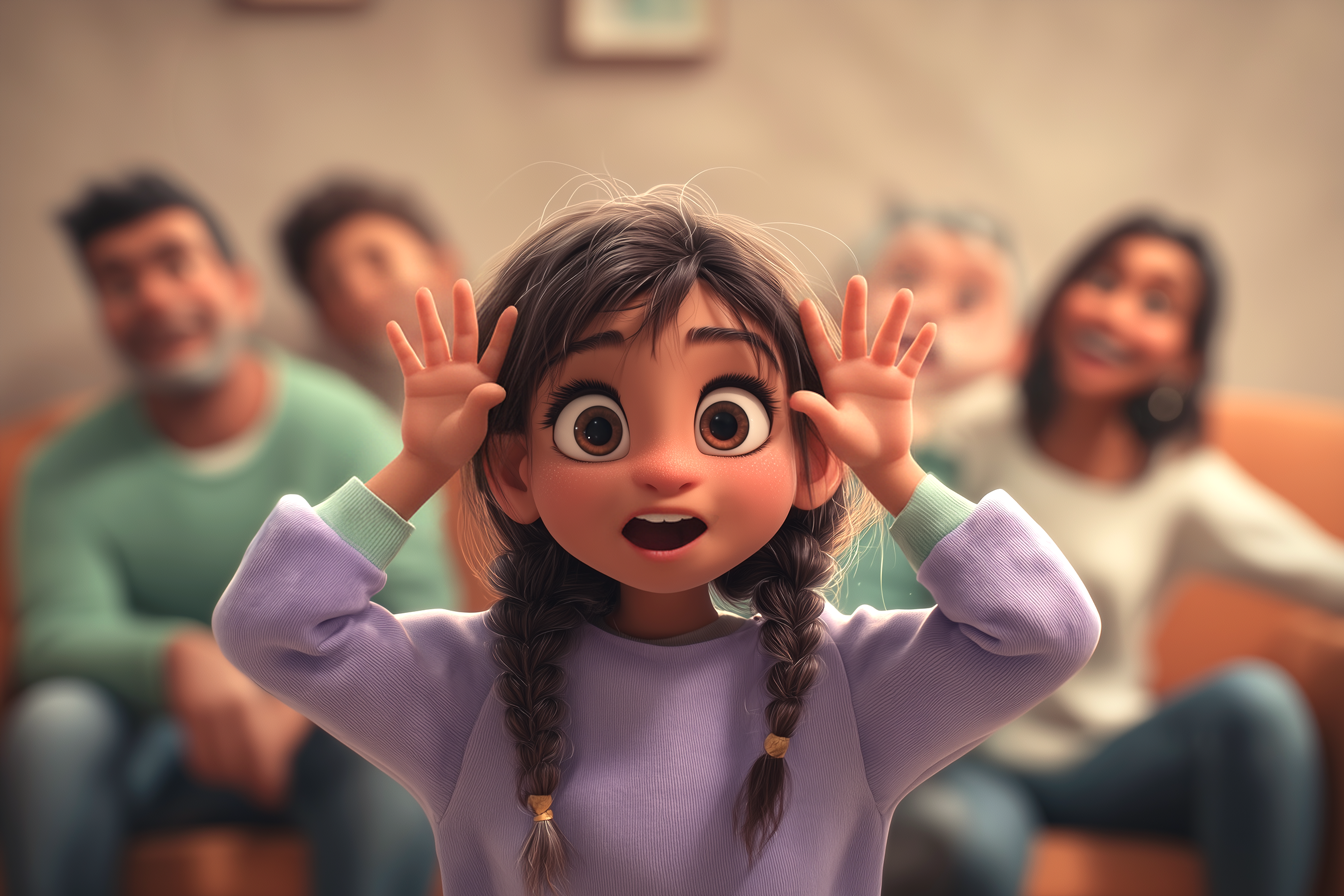 una bambina gioca a mimi con la famiglia