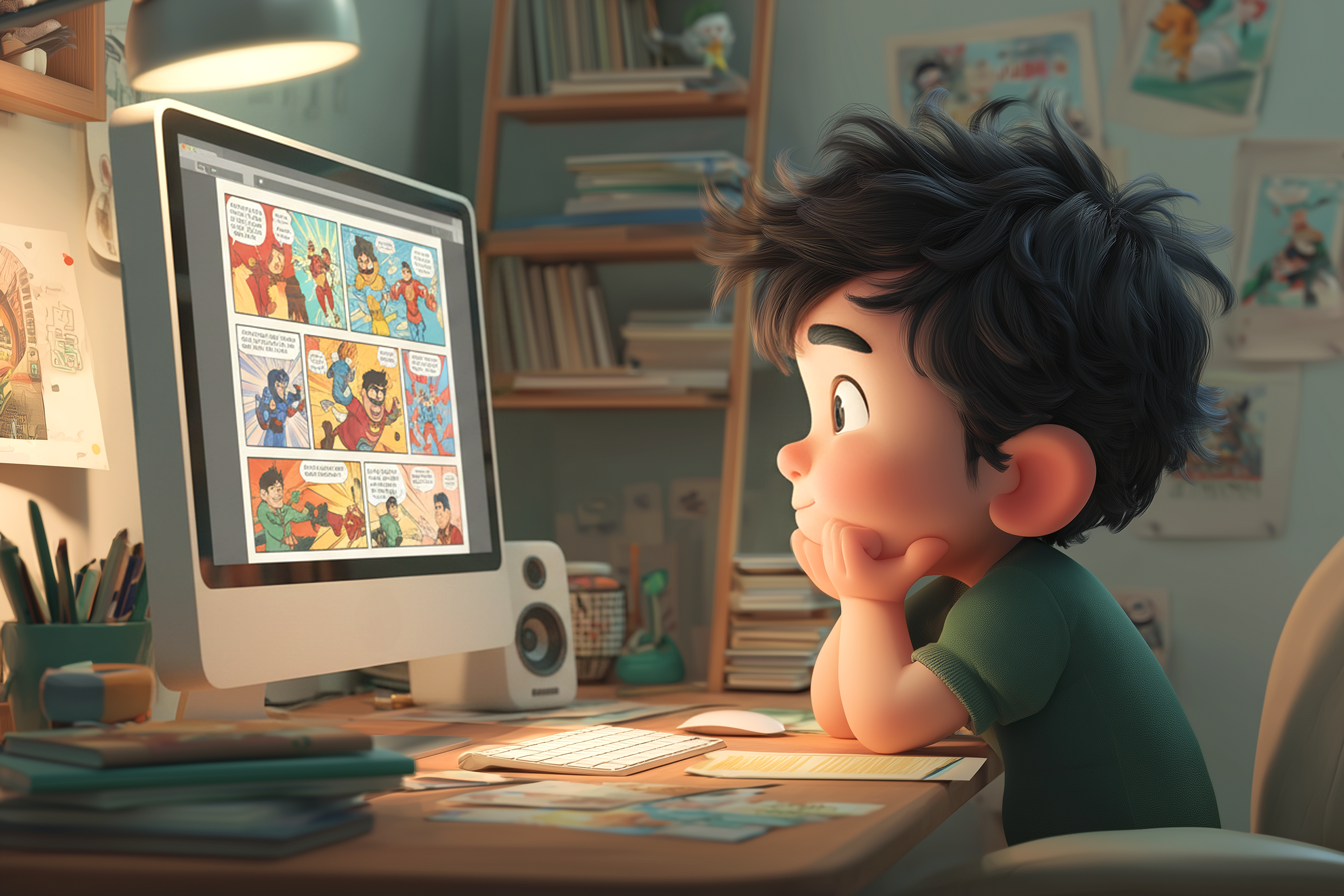 bambino legge un fumetto in inglese sul computer