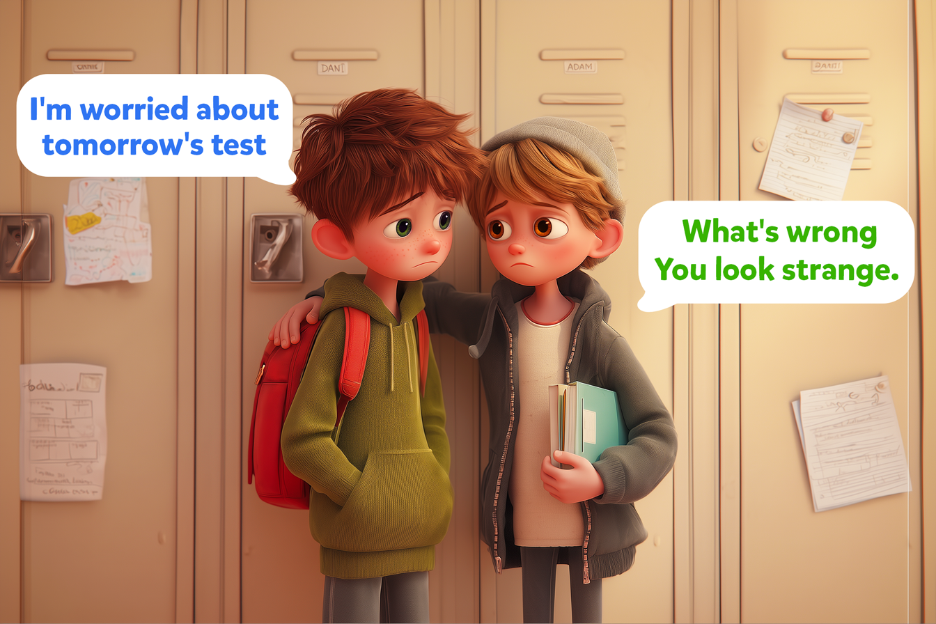 Due ragazzi di circa 12 anni parlano fra loro. Uno chiede: What's wrong? You look strange. E l'altro risponde: I'm worried about tomorrow's test. Esempio di vocabolario e frasi per esprimere i sentimenti in inglese