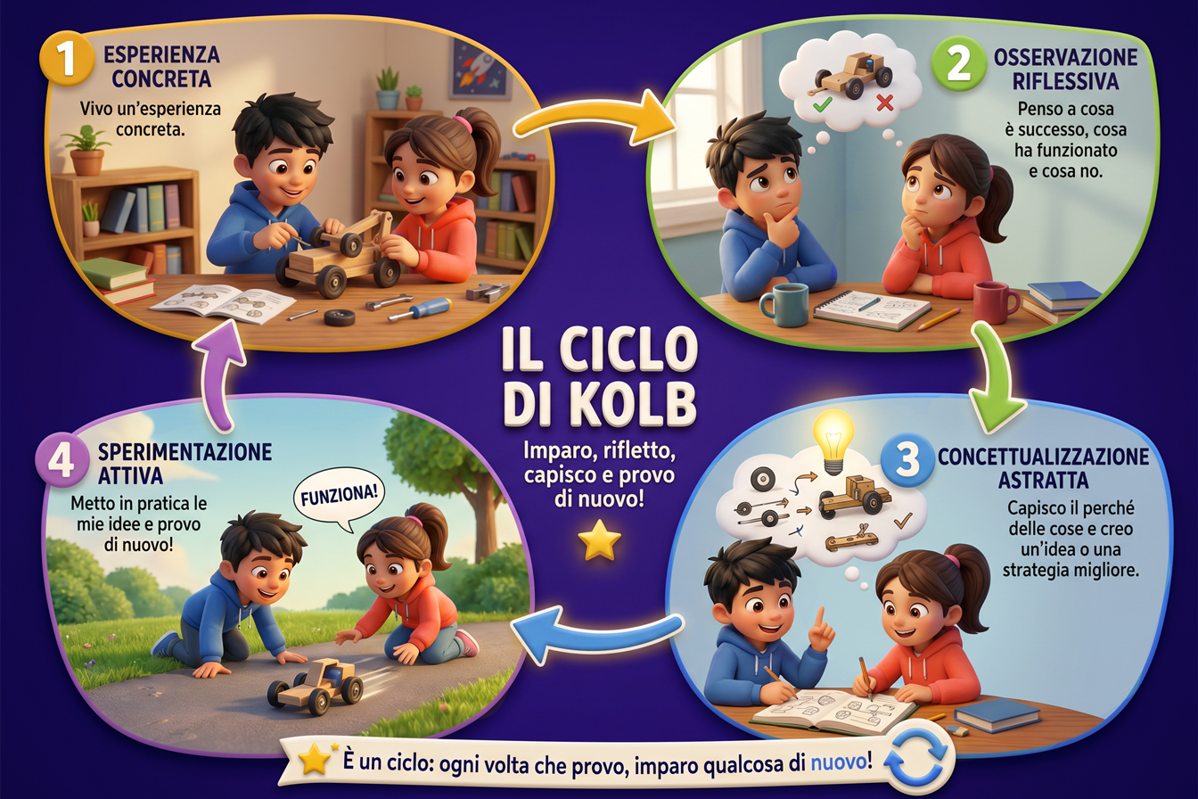 Illustrazione del Ciclo di Kolb, teoria alla base dell' apprendimento esperienziale, che ha rivoluzionato l' educazione