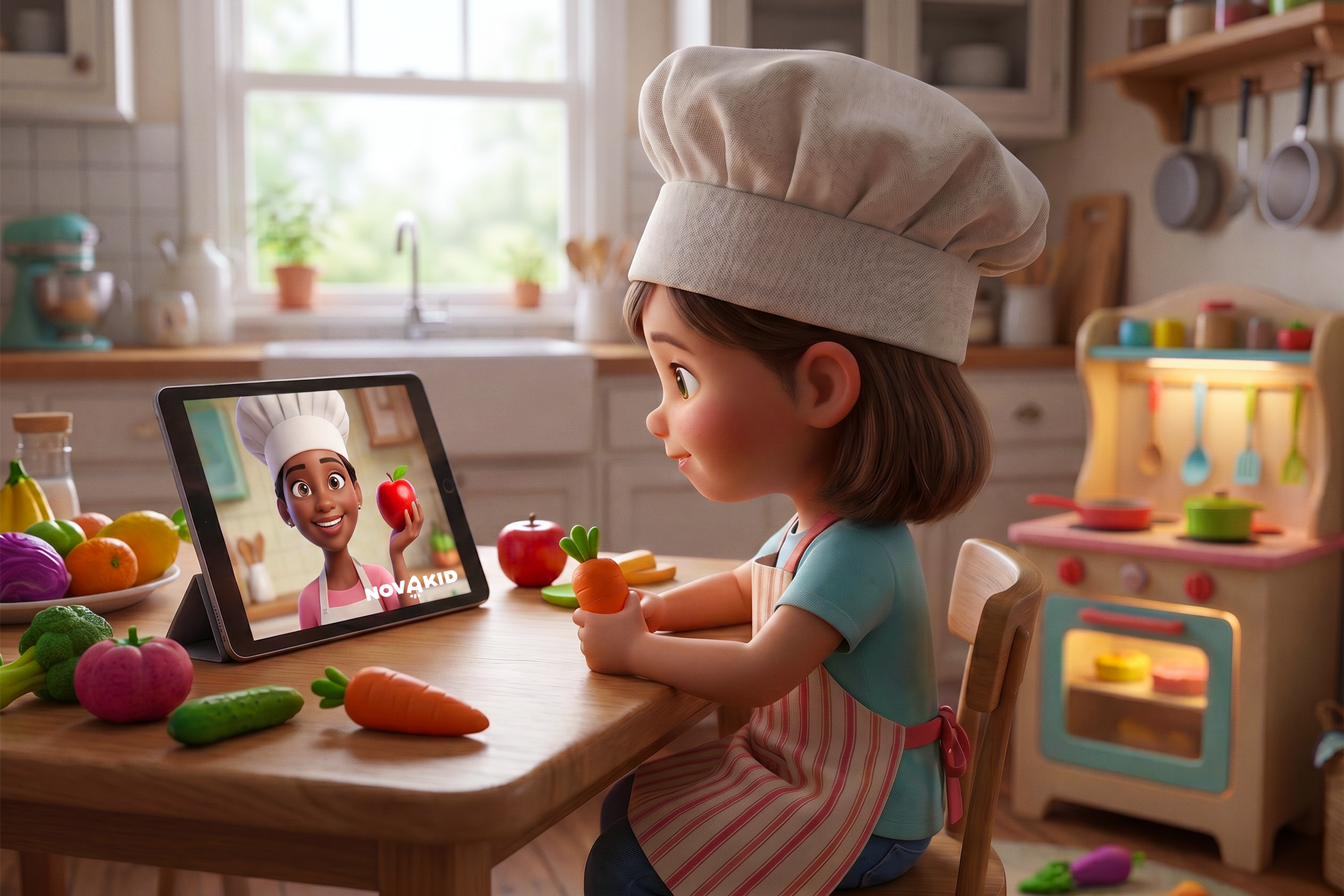 Una bambina sta facendo lezione con Novakid: sia lei sia l'insegnante hanno un cappello da cuoco in testa. Stanno imparando i nomi dei cibi con il metodo esperienziale