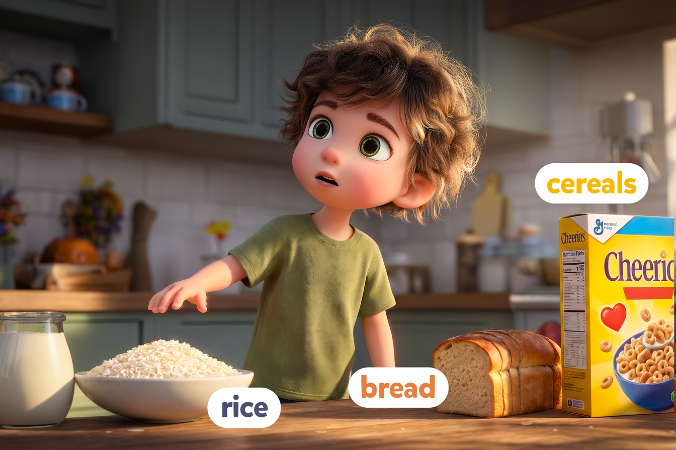 bambino in cucina sul tavolo riso pane e cereali