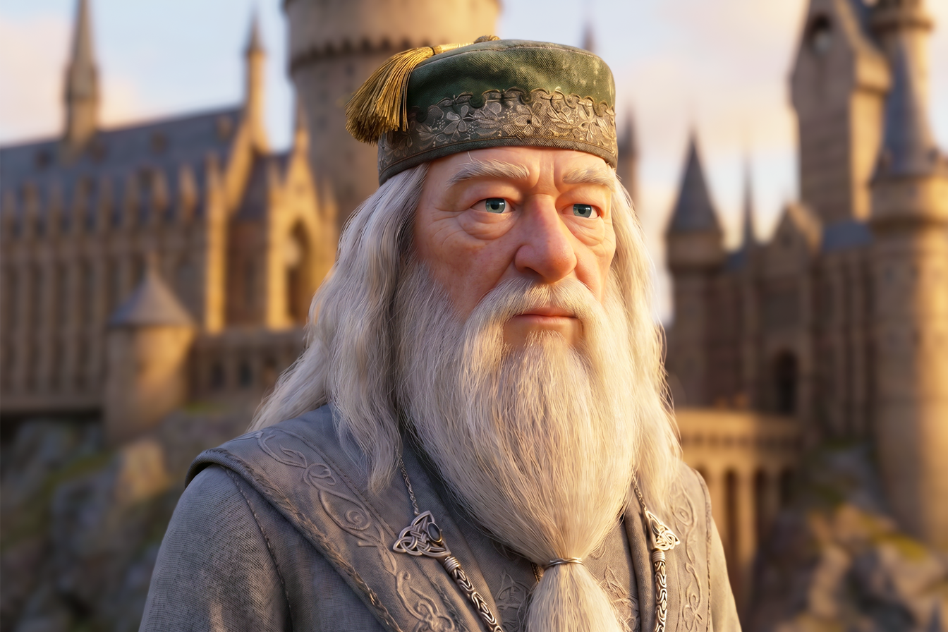 Il castello di Hogwarts sullo sfondo e in primo piano Albus Silente