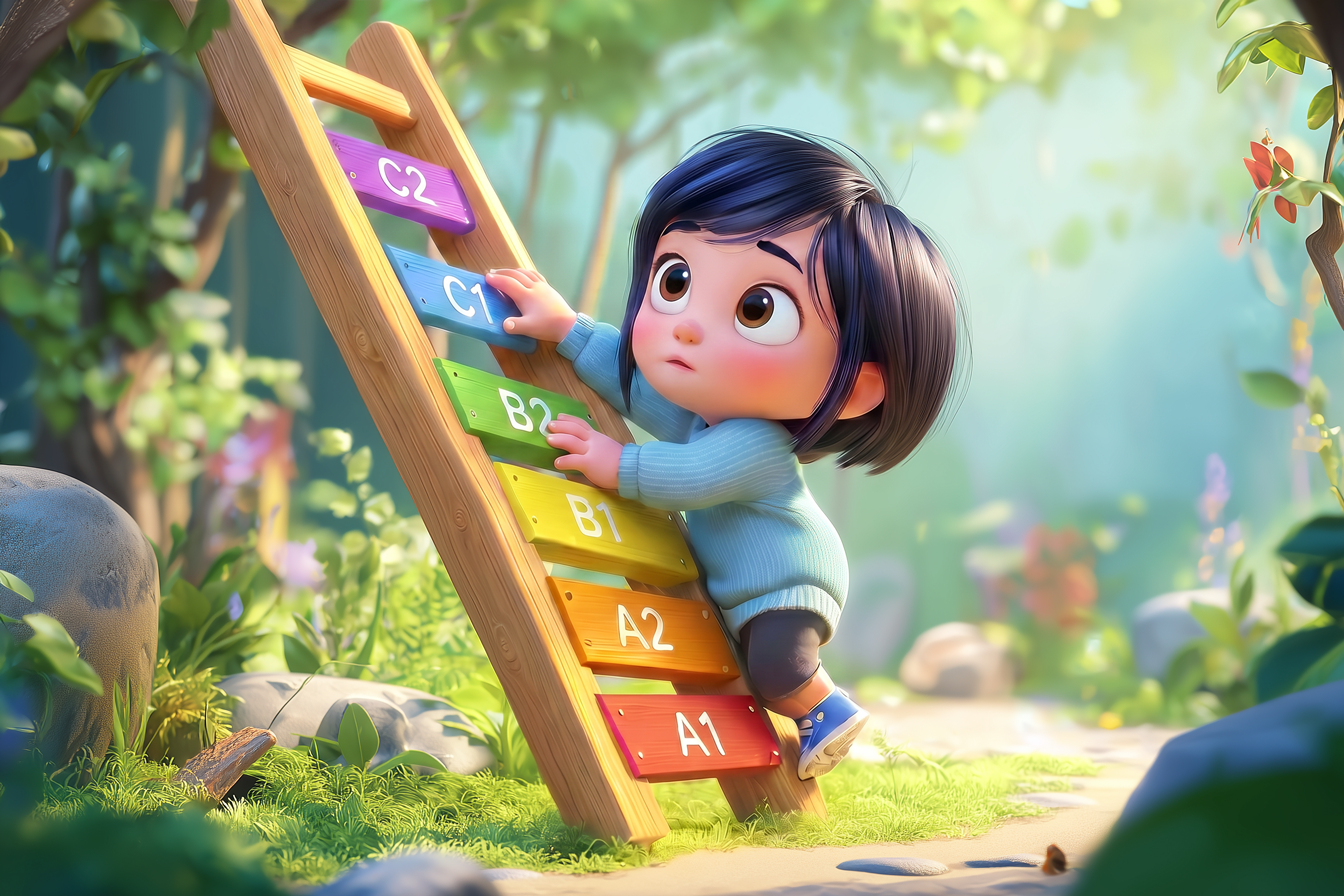 vediamo una bambina salire una scala fatta da 6 gradini come i livelli CEFR. Ogni gradino ha un colore diverso: Gradino più basso A1, più alto C2. Immagine per rendere graficamente la progressione all'interno dei livelli QCER