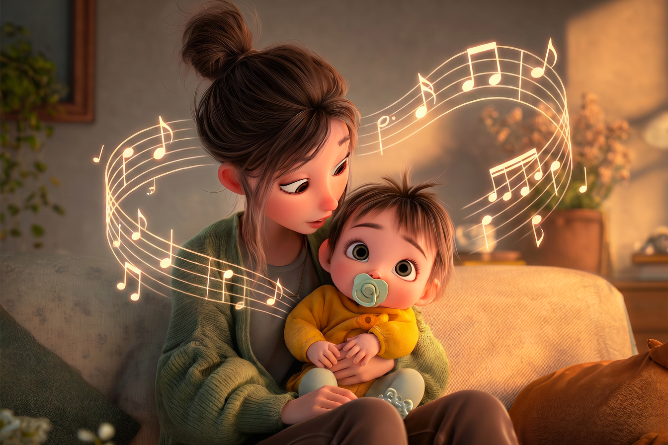 Una mamma tiene in braccio il suo bambino, molto piccolo con ancora il ciuccio in bocca. E' seduta sul divano e gli canta una filastrocca in inglese.