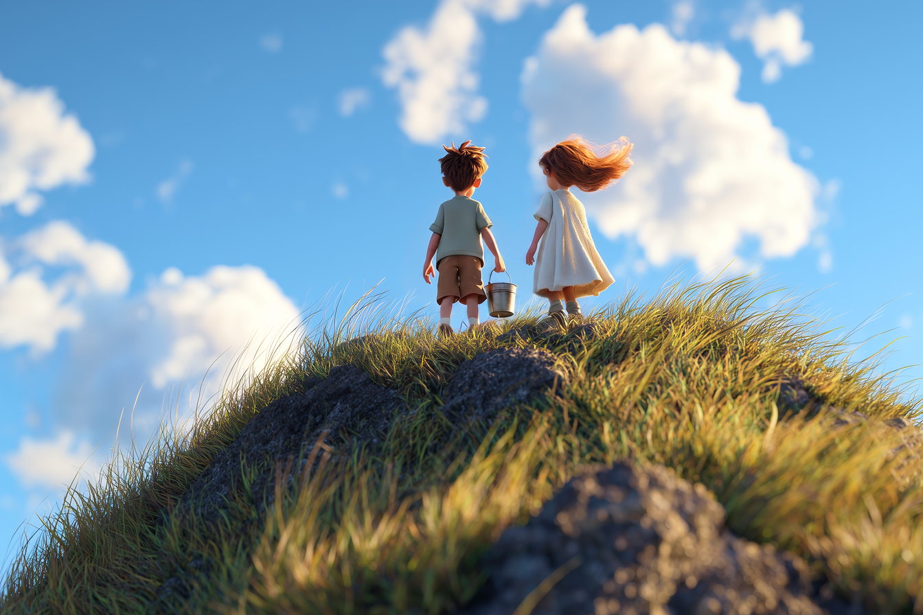 Vediamo due bambini in cima a una collina: Illustrazione di