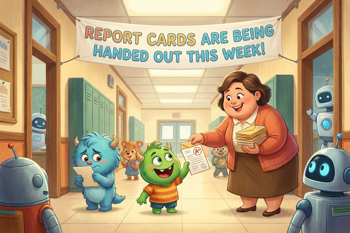 Illustrazione della frase Report cards are being handed out this week