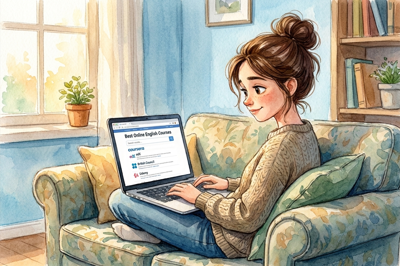 Una ragazza di circa 15 anni è seduta sul divano con pc sulle ginocchia e sta cercando i migliori corsi di inglese online